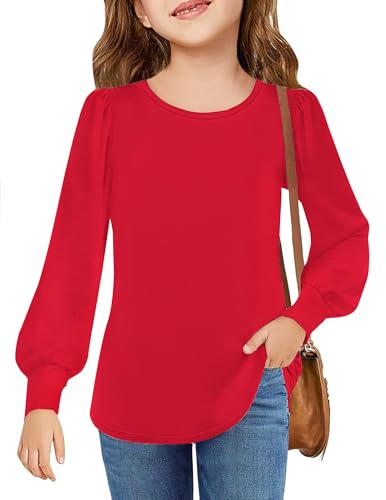 Arshiner Casual Red Shirts for Girls Lantern Sleeve Soft Round Neck Long Sleeve Tops for Girls Blouses Kids Fall Soft Tee 10-11 Years
