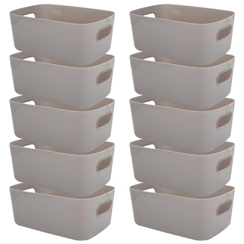 Oungy 10 Pack Plastic Storage Baskets, 25 x 17 x 10cm Grey Kitchen Cupboard Organiser, Small Cupboard Storage Boxes for Home, Office, Bathroom