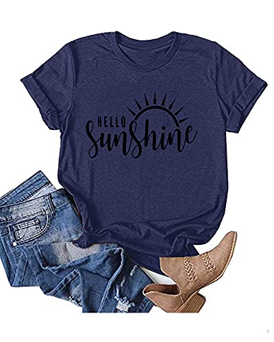 Hdieso Women's Graphic Shirts Summer Sunshine Letters Print T Shirt Casual Short Sleeve Cute Tees Tops Navy