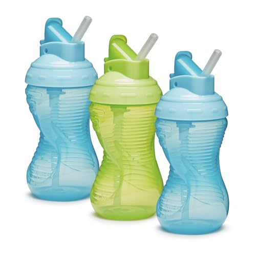 Munchkin Mighty Grip Cups with Straw | Trainer Toddler & Baby Bottle with Straw| BPA Free | Non Spill |Leakproof | Baby Weaning Cup from 12+ Months |Toddler Bottle 10oz/296ml| 3 Pack | Blue & Green