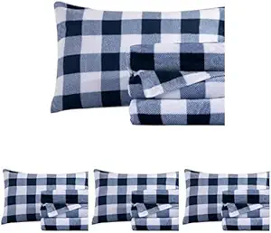 Elegant Comfort Luxuriously Soft 4-Piece Velvet Plush Flannel Sheet Set - Premium Quality - Cozy Warm, Anti-Static, Fuzzy Velvet Flannel Fleece Deep Pocket Sheet Set - Queen, Buffalo Navy (Pack of 4)