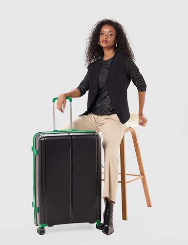 Image of United Colors of Benetton Large Hard Luggage Emerald Plus - Black | Check-in Trolley Bag with TSA Lock | 360 Spinner Double Wheels | Telescopic Handle | PC Shell Suitcase | 76cm | 130L Capacity