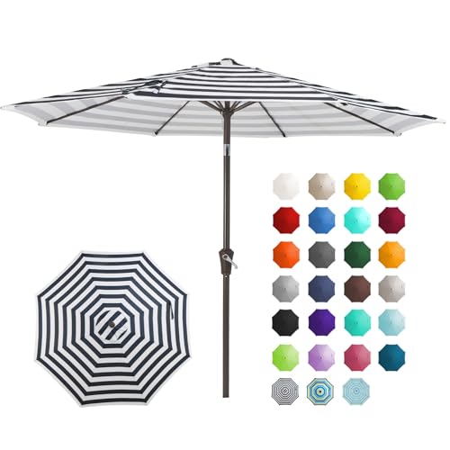 Image of JEAREY 9FT Outdoor Patio Umbrella Outdoor Table Umbrella with Push Button Tilt and Crank, Market Umbrella 8 Sturdy Ribs UV Protection Waterproof for Garden, Deck, Backyard, Pool (Black & White Stripe)