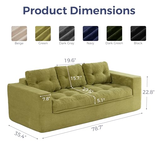Image of MAXYOYO 79 inch Loveseat Sofa Couch for Small Spaces, Upholstered Boneless Cloud Couch for Apartment Bedroom, 2-Seater Love Seat Floor Modern Sofa with Pillows, No Assembly Required, Green