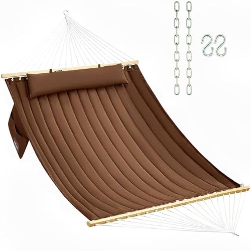 Image of Double Quilted Fabric Hammock with Hardwood Spreader Bars and Pillow 450 LBS Capacity 2 Person Large Hammock for Outdoor Patio Backyard Poolside - Brown