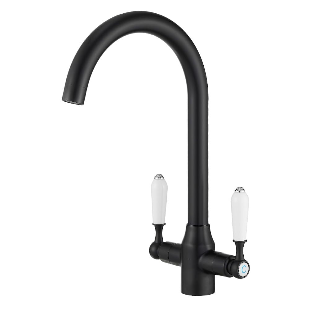 Heable Black Kitchen Sink Mixer Tap with White Ceramic Dual Lever Monobloc Victorian Style Kitchen Taps 1 Hole Elegant Swivel Mono Traditional Sink Faucet with Flexible Hoses