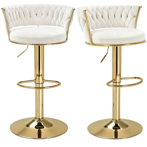 VECELO Bar Stools Set of 2 Adjustable Barstools Counter Height Stools with Back and Arm Velvet Woven Kitchen Island Stools w/Gold Metal Leg & Base 360 Swivel Bar Chair for Pubs Dining Room White