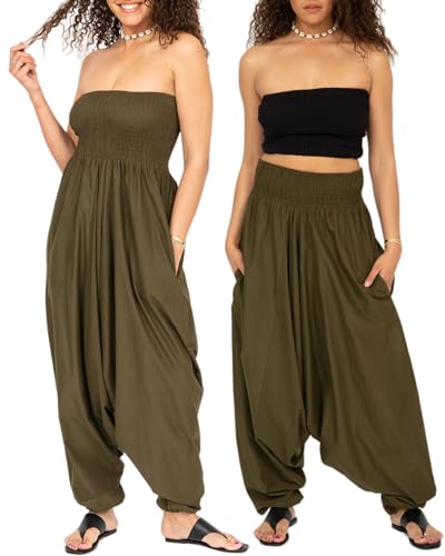 likemary Combinaison Femme Été en Coton – 2 en 1 Sarouel Pantalon Fluide Femme à Taille Élastique – Combinaison Convertible Avec Poches - Olive