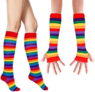 WLLHYF Rainbow Striped Arm Leg Socks Set Long Knit Over Knee Thigh High Socks Warmer Fingerless Stretchy Gloves Cosplay Accessories Halloween Christmas New Year Costumes for Womens Girls