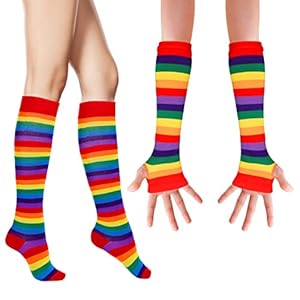 WLLHYF Regenboog gestreepte arm been sokken set, lange gebreide over knie dij hoge sokken warmere vingerloze rekbare handschoenen cosplay accessoires Halloween Kerstmis Nieuwjaar kostuums voor dames meisjes