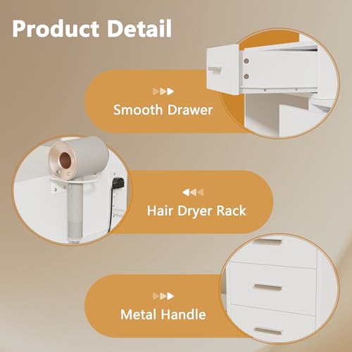 Image of Furmax Makeup Vanity Desk with Mirror and Power Outlet, Vanity with 3 Color Light Options Adjustable Brightness, Vanity Table with 5 Drawers, 6 Storage Shelves, Nightstands (White)