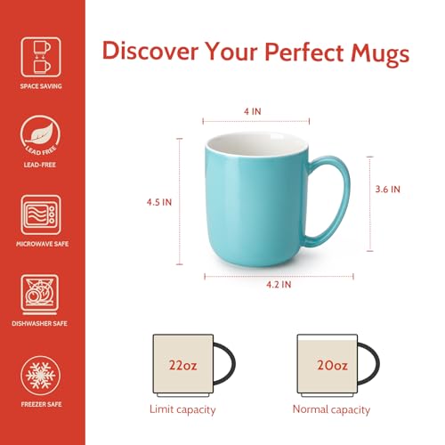 Sweese Porcelain Coffee Mugs Set of 6, 20oz Large Coffee Mugs Porcelain with Big Handle, Assorted Colors Oversized Cups for Latte, Cocoa, Tea, Festival Gift, Microwave Safe