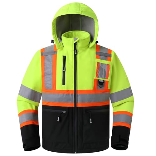 JKSafety Hi Vis Jackets for Men High Visibility Waterproof Softshell Jackets High Vis Reflective Jacket with Detachable Hood Yellow Coats Polar Fleece Lining Meet ANSI Class 3 (SJ500-YBLK L)
