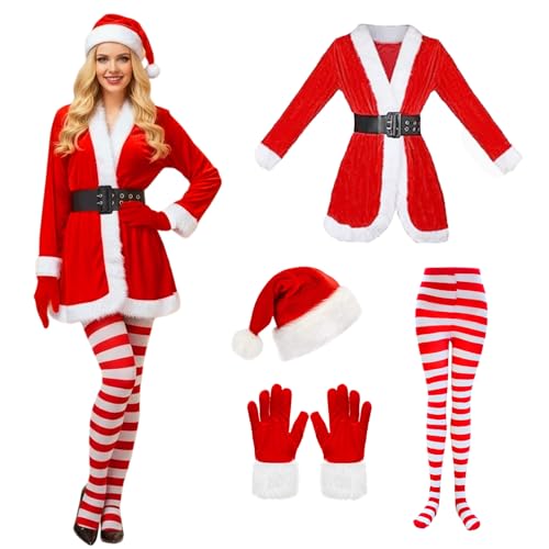 HarnyLoom Disfarce de Natal Mulher Casaco Vermelho Papai Noel Mãe Natal Casaco Calças Gorro Luvas Cinto Cosplay Festa Presente (G)