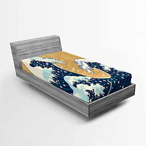 Ambesonne Japanese Wave Fitted Sheet, Sea Storm in Japan Traditional Drawing Foamy Waves, Bed Cover with All-Round Elastic Deep Pocket for Comfort, Twin XL Size, Yellow Blue