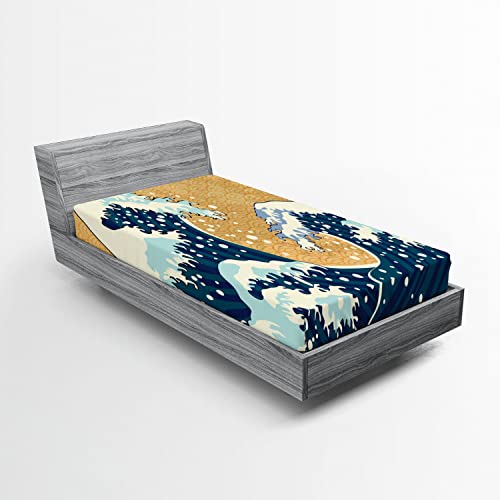 Ambesonne Japanese Wave Fitted Sheet, Sea Storm In Japan Traditional Drawing Foamy Waves, Bed Cover With All-Round Elastic Deep Pocket For Comfort, Twin Xl Size, Yellow Blue #TOP14