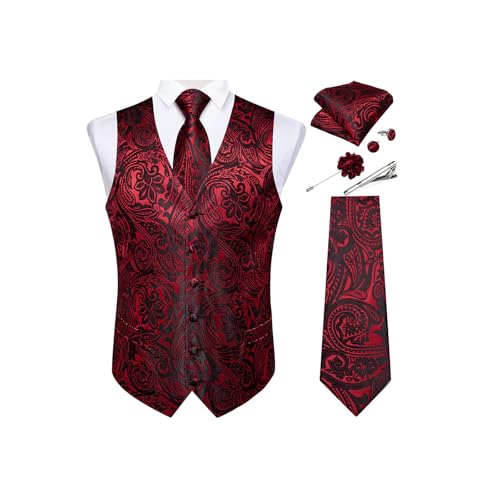 Image of DiBanGu Mens Vest and Tie Set Formal Paisley Waistcoat and Necktie Pocket Square Cufflinks Silk Suit Vest for Tuxedo Wedding