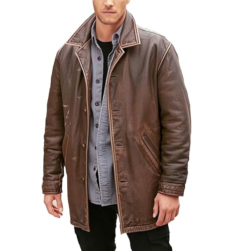 Men's 3/4 Mid Length Genuine Leather Trench Coat - Distressed Brown 3/4 Vintage Leather Duster Car Coat Men