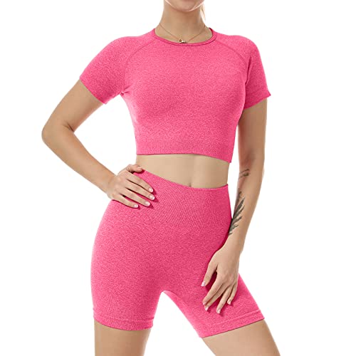 Nicytore Yoga Outfits For Women 2 Piece Set Tracksuit Seamless Short Sleeve Crop Top Workout Leggings Sportwear (L, Rosered, L) #TOP1