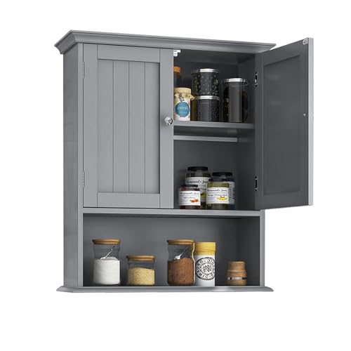 LIFEZEAL Armoire Salle de Bain en Bois, Meuble Rangement Mural avec Etagère Réglable et 2 Portes, Armoire Murale 60x19x71 CM, Cabinet Polyvalent pour...