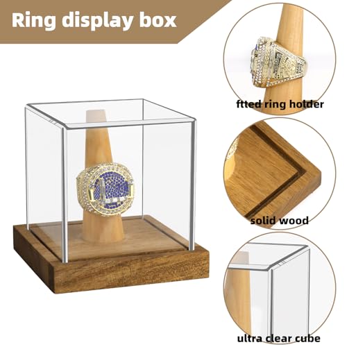 Image of Clear Acrylic Championship Ring Display Case with Wood Stand Base, Memorabilia Stand Cube Holder Dust Protection Transparent Storage Box for Sports Baseball Basketball Fan Souvenir Protection Supplies