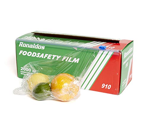 Ronaldos Food Safety Film, 12 inches x 2000ft Plastic Wrap, Commercial Grade, Used for Food Service Industry, Great for Sealing and Storage, Easy to Use Slide Cutter for Clean Cut Use (1 Box)