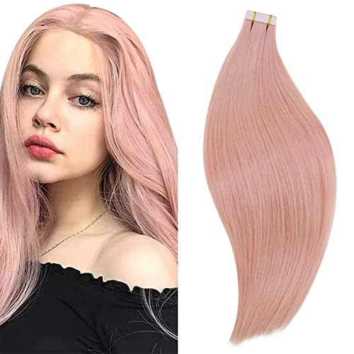 RUNATURE Pink Hair Extensions Tape in 12inch Human Hair Extensions Short Hair 10pcs 20g Light Pink Hair Extensions Remy Hair Tape in Real Hair Extensions