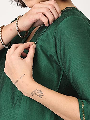 Image of The Mom Store Maternity Nursing and Feeding Kurta Set | Nursing Zippers | Pre and Post Pregnancy | Raw Silk | Kurta Pant Set | Solid |