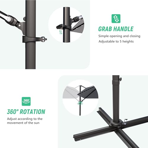 Image of Greesum 10FT Outdoor Patio Umbrella with High Pedel and 4 Gear Heights, Large Offset Umbrella with Solar LED Lights and 360-degree Rotation, Without Base, Hanging Outdoor Shade for Garden, Gray