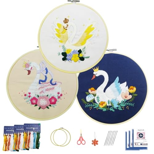 Image of Speedura 4-Set Embroidery Kit for Beginners - Easy Needlepoint Starter Kit for Adults to Learn Hand Embroidery with Stamped Designs, Cross Stitch Patterns, and Fun DIY Projects (Swan Dreams)