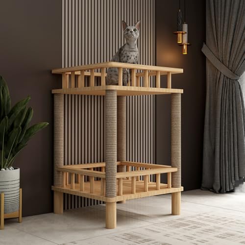 キャットタワー 木製 キャットネスト 通気 夏冬兼用 猫家具 収納簡単 多頭飼い ストレス解消 省スペース 組み立て簡単 多機能 猫用ハウス 爪とぎ つめとぎ 猫 安定性良い おしゃれ (40*40*60.5CM)