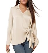 GRACE KARIN Women's Satin Silk Blouses Wrap V Neck Shirts Long Sleeve Elegant Tie Waist Office Fo...