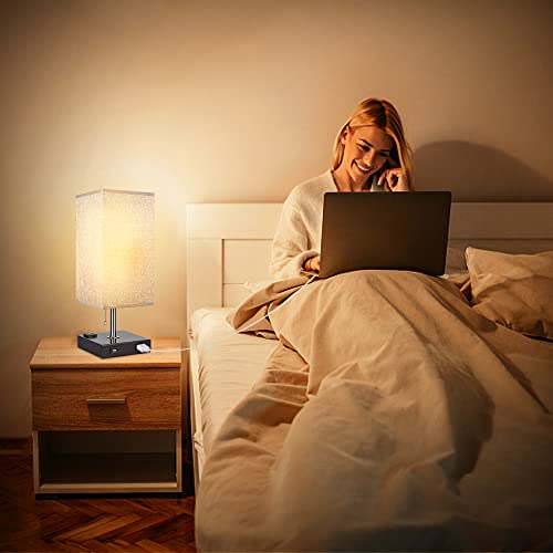 Depuley USB Table Lamp for Bedroom, Minimalist Nightstand Table Lamp with Dual USB Ports, Bedside Desk Lamps with Grey Fabric Shade Side Lamps for Living Room, Office, Kids Room, Study (Set of 2)
