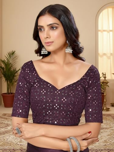 Image of FABIAN FASHION Women's Plain Japan Satin Silk Saree with Pearl Lace Border, Includes Unstitched Matching Blouse Piece - Elegant Saree(AVN 1694)