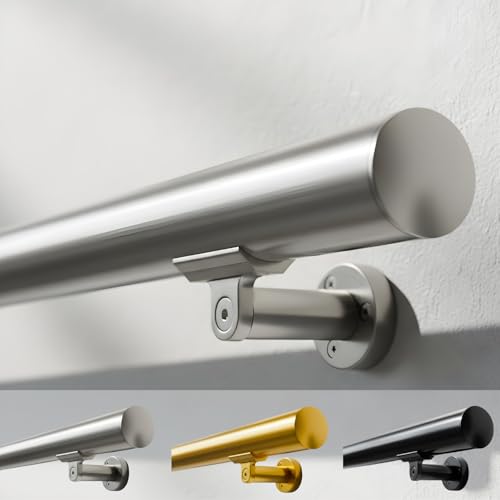 9FT Aluminum Handrail Kit for Indoor/Outdoor Stairs (2–18 FT Available) 1.6" Round Wall Mount Stair Railing, Stainless Steel Look, with Adjustable Steel Brackets Complete DIY Grab Bar Kit ARESSCORP