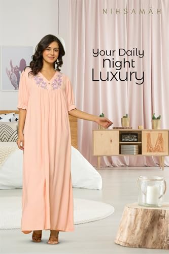Image of NIHSAMAH Viscose Nighty for Women, Embroidered & Printed Stylish Night Gown, Long Sleeve Comfortable Sleepwear Long Nightwear, Maxi
