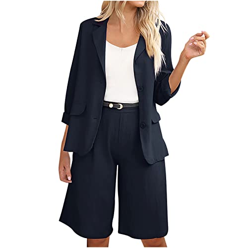 Women's 2 Pieces Linen Outfit Long Sleeve Shawl Collar Open Font Blazer Shirt And Shorts Set Casual Tops & Bottoms Set Navy #TOP15