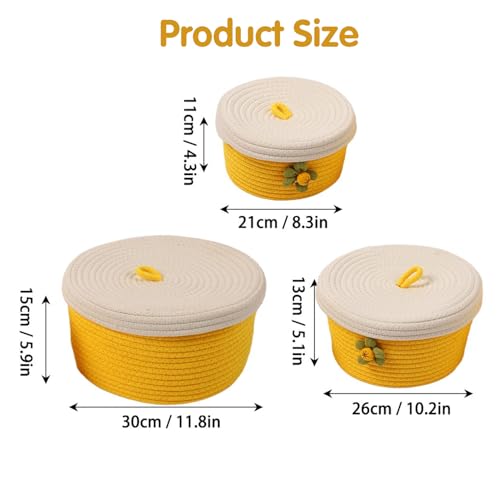 Image of Round Storage Baskets Set of 3, Woven Cotton Rope with Lids & Handles
