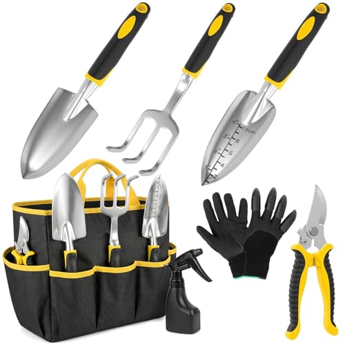 7 Pack Garden Tools Set Stainless Steel Gardening Set Heavy-Duty Gardening Kit with Durable Storage Tote Bag Non-Slip Ergonomic Handles Rust Proof Gardening Gifts for Women Men Black-Yellow