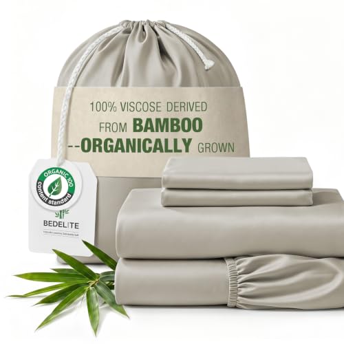 Image of BEDELITE Bamboo Viscose Sheet Set, Full Size, 4 Pieces, Beige | 100% Organically Grown, 18 Inch Deep Pocket, All Round Elastic & Corner Straps, Luxury Silky Cooling Sheets for Hot Sleepers