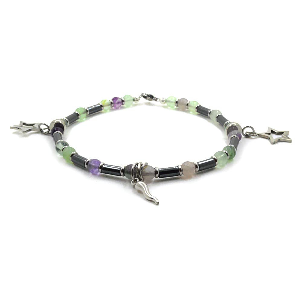 Cavigliera pietra dura naturale Fluorite con corno in argento 925 e ciondoli Stella in acciaio