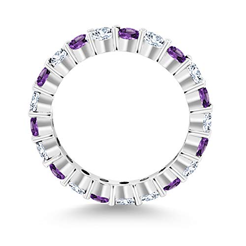 Gem Stone King 1.00 Cttw Eternity Band Ring For Women | 925 Sterling Silver | 3MM Purple Amethyst and 3MM White Created Sapphire | Round 3MM | Gemstone Birthstone | Available In Size 5, 6, 7, 8, 93
