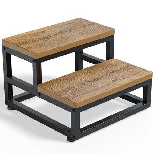 Tritthocker 2 Stufen für Erwachsene Kinder, Anti-Rutsch Wasserfest HDPE Holztritt mit 230kg Tragkraft, Verstellbare Füße & Abgerundete Ecken, Fußbank für Whirlpool/Bad/Schlafzimmer