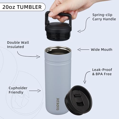 Image of BJPKPK 20 oz Insulated Travel Water Bottle, Coffee Tumbler Stainless Steel | Double Wall Vacuum, Leakproof, Thermal, Keeps Hot /Cold, Dishwasher Safe, Spill Proof, Wide Mouth, 2 Lids, Haze Blue