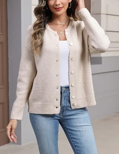 Women's Round Neck Button Down Long Sleeve Blouse Cardigan Loose Fit Knit Top Crewneck Sweater(Cream-L)3