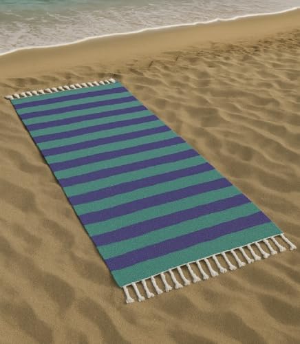 Vico Casa® Toalla de Playa VERSILIA 90x170cm, Fouta de Playa de algodón con diseño de Rayas, por Playa, Piscina, Sauna/Verde y púrpura