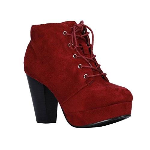Forever Camille-86 Women's Comfort Stacked Chunky Heel Lace Up Ankle Booties, 6, Premium Burgundy