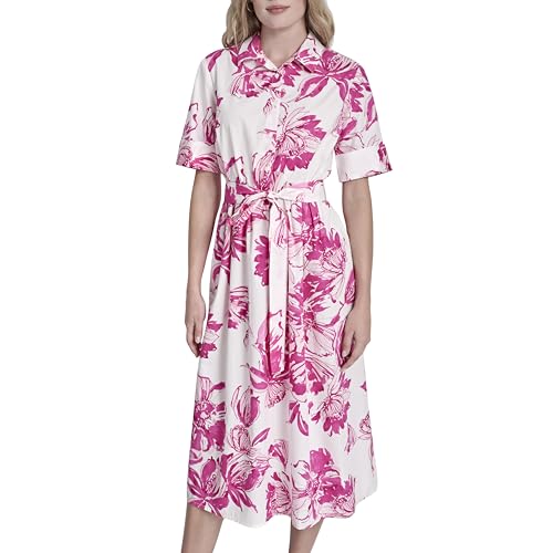 Image of DKNY Women's Short Sleeve Cotton Poplin Collared Midi Shirtdress