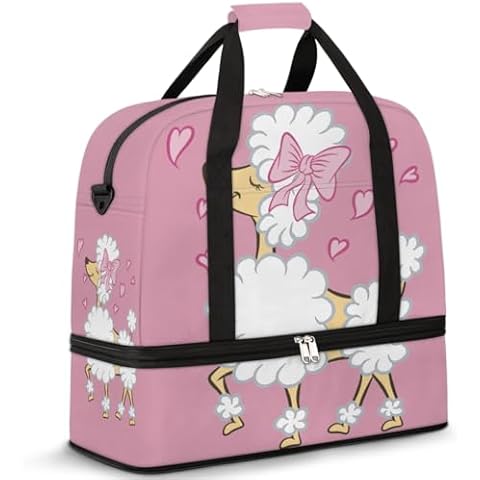 Cute Poodle Puppy Pink Heart Foldable Travel Duffel Bag Tote Carry On Luggage Sports Gym Bag With Shoe Compartment For Woman Man Overnight Weekend Yoga Workout Bag Training Handbag Cover