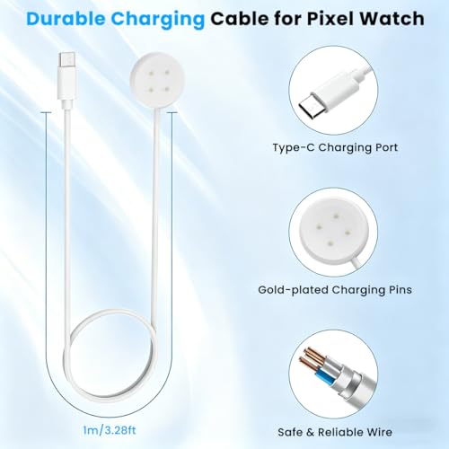 Image of ZORBES 3.3Ft /1M Type C to Google Pixel Watch 3 /Pixel Watch 2 Chargers, 4-Pin Snap-On Smartwatch Charger Compatible with Fitbit Ace LTE /Versa 3 /Versa4, Sense 2 /Sense
